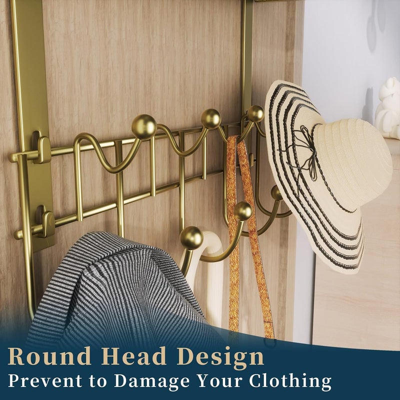 Consumest Over The Door Hooks Organizer - Extra Long Door Hanger with 9 Coat Hooks & 2 Mesh Basket, Back Storage Organizer Hanging Towels for Bathroom, Bedroom, Gold (for 1.76 in Doors) - Image 5